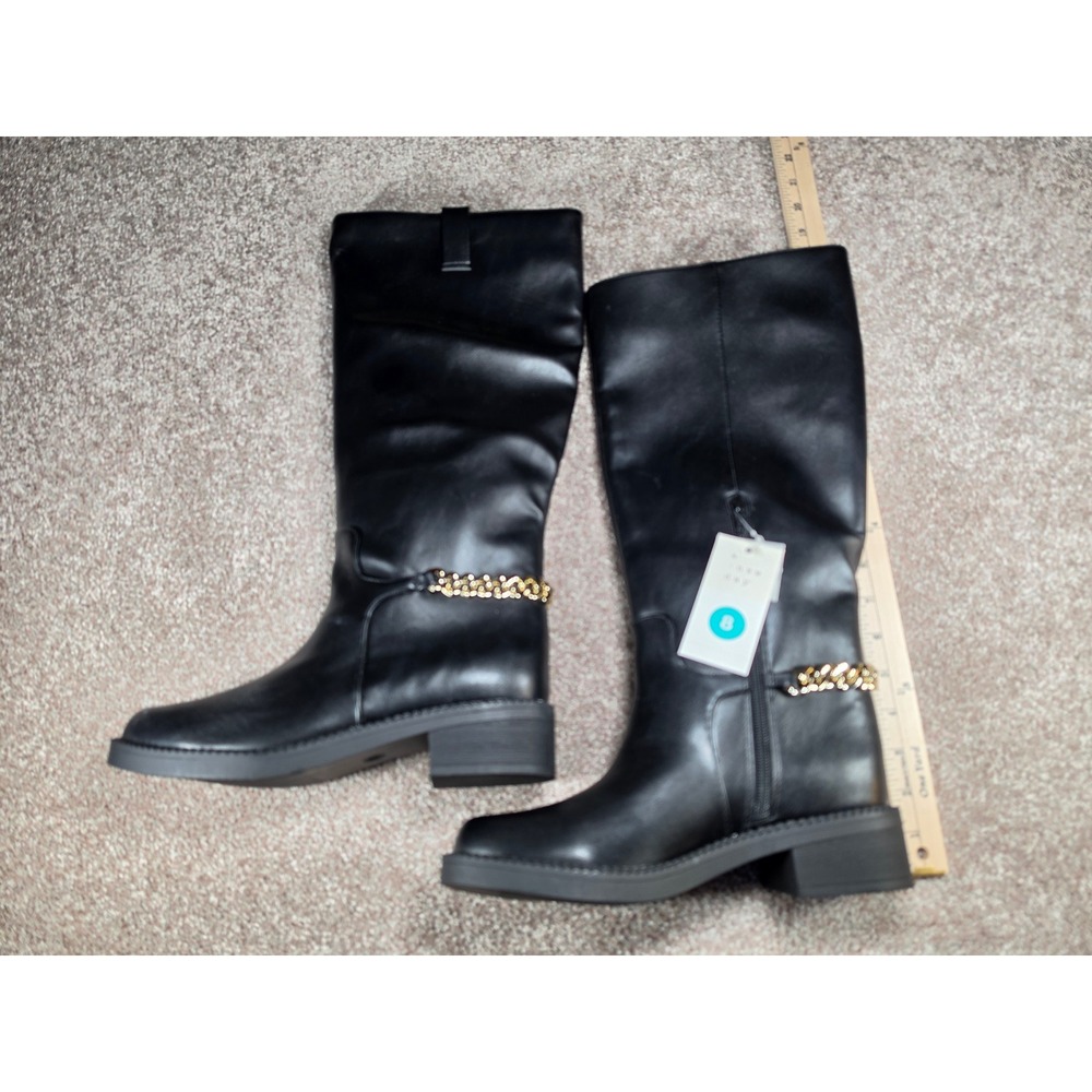 A New Day Bobbi Black Tall Chain Boots Womens 8 Gold Accent Side Zip Block Heel